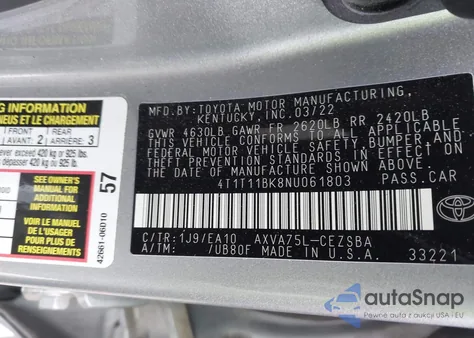 2022 Toyota Camry Se Awd z USA, uszkodzony, nr VIN 4T1T11BK8NU061803